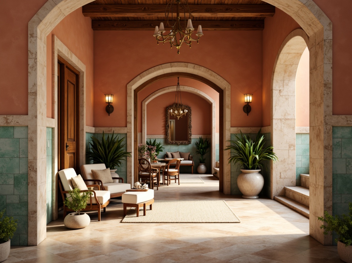 Prompt: Warm terracotta walls, creamy marble floors, soft sage greenery, distressed wood accents, ornate metalwork, turquoise ceramic tiles, rustic stone archways, plush velvet fabrics, golden lighting fixtures, warm beige stucco, natural linen textiles, earthy brown leather, sea-salt air, bright Mediterranean sunlight, shallow depth of field, 1/2 composition, realistic textures, ambient occlusion.