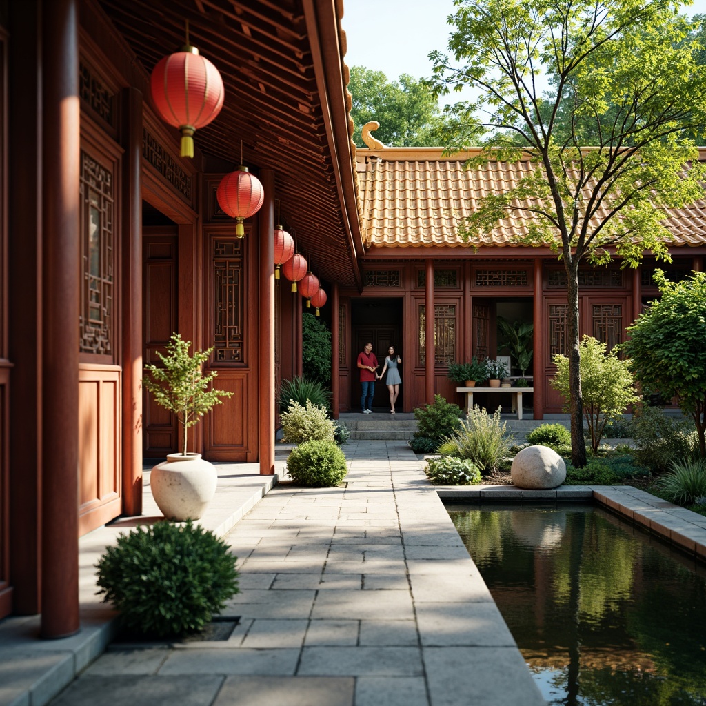 Prompt: Traditional temple architecture, intricately carved wooden doors, vibrant red lanterns, ornate golden roofs, serene courtyard gardens, lush greenery, peaceful koi ponds, natural stone walkways, rustic brick walls, authentic cultural decorations, tranquil ambiance, soft warm lighting, shallow depth of field, 3/4 composition, panoramic view, realistic textures, ambient occlusion.