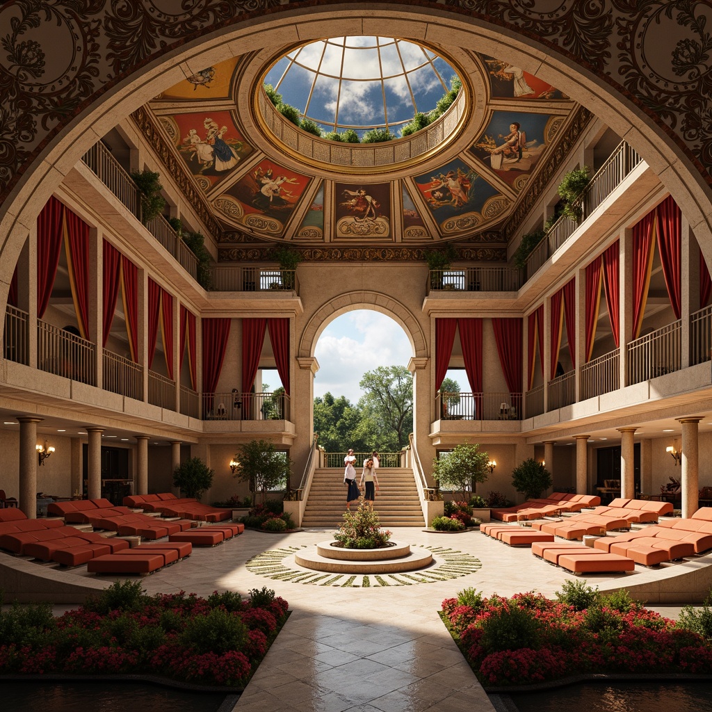 Prompt: Grand amphitheater, curved seating, ornate stone carvings, intricate mosaics, vibrant frescoes, decorative arches, majestic columns, luxurious velvet curtains, grand chandeliers, polished marble floors, symmetrical staircases, lavish landscaping, tranquil water features, soft warm lighting, shallow depth of field, 3/4 composition, panoramic view, realistic textures, ambient occlusion.