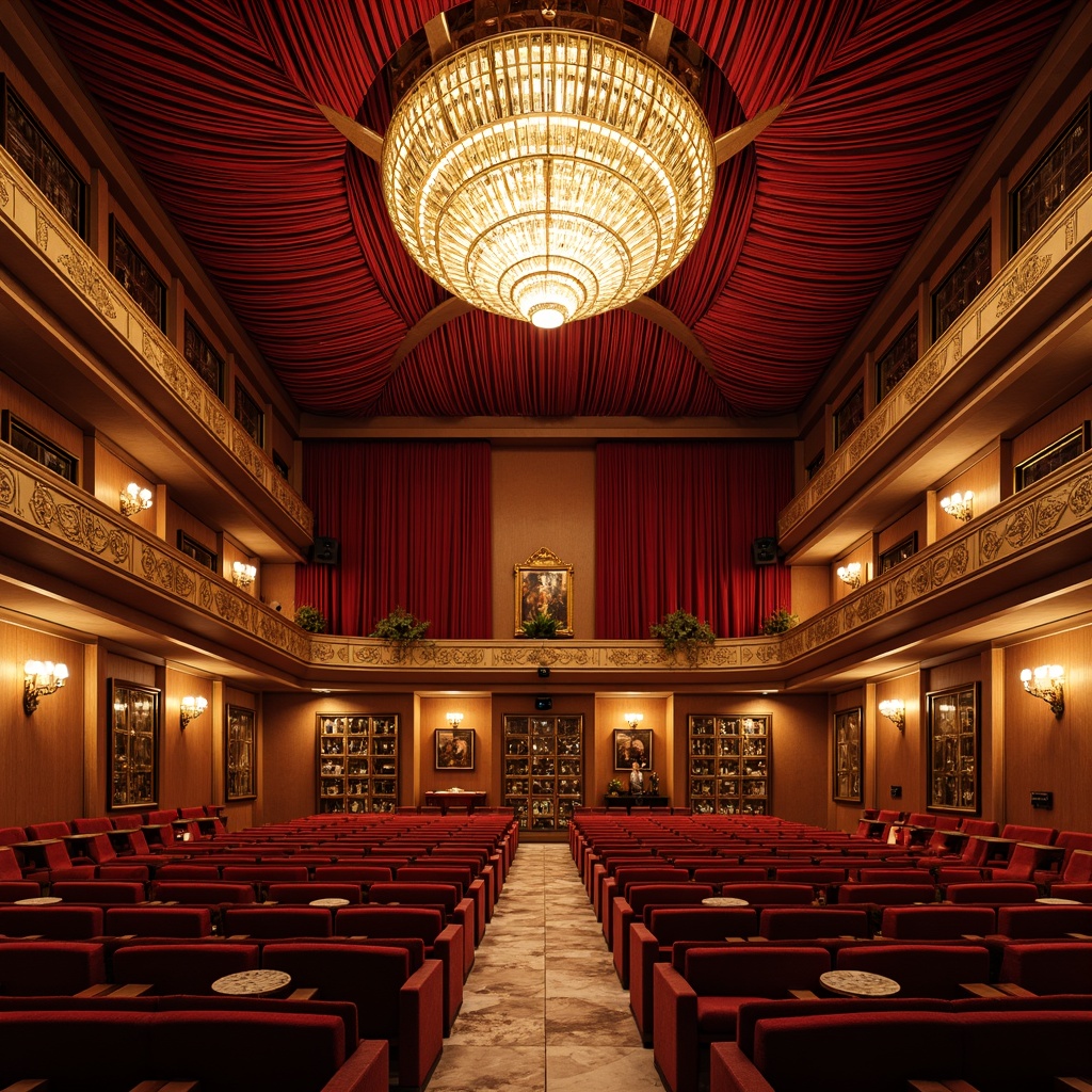 Prompt: Luxurious auditorium, Art Deco style, ornate chandeliers, velvety red curtains, golden accents, intricate geometric patterns, curved lines, ornamental metalwork, plush seating arrangement, tiered levels, comfortable cushioning, rich wood tones, polished marble floors, grandiose scale, dramatic lighting effects, warm color palette, sophisticated ambiance, elegant atmosphere, symmetrical composition, central focal point, luxurious textiles, vibrant crimson hues, metallic accents, refined details, ornate fixtures.