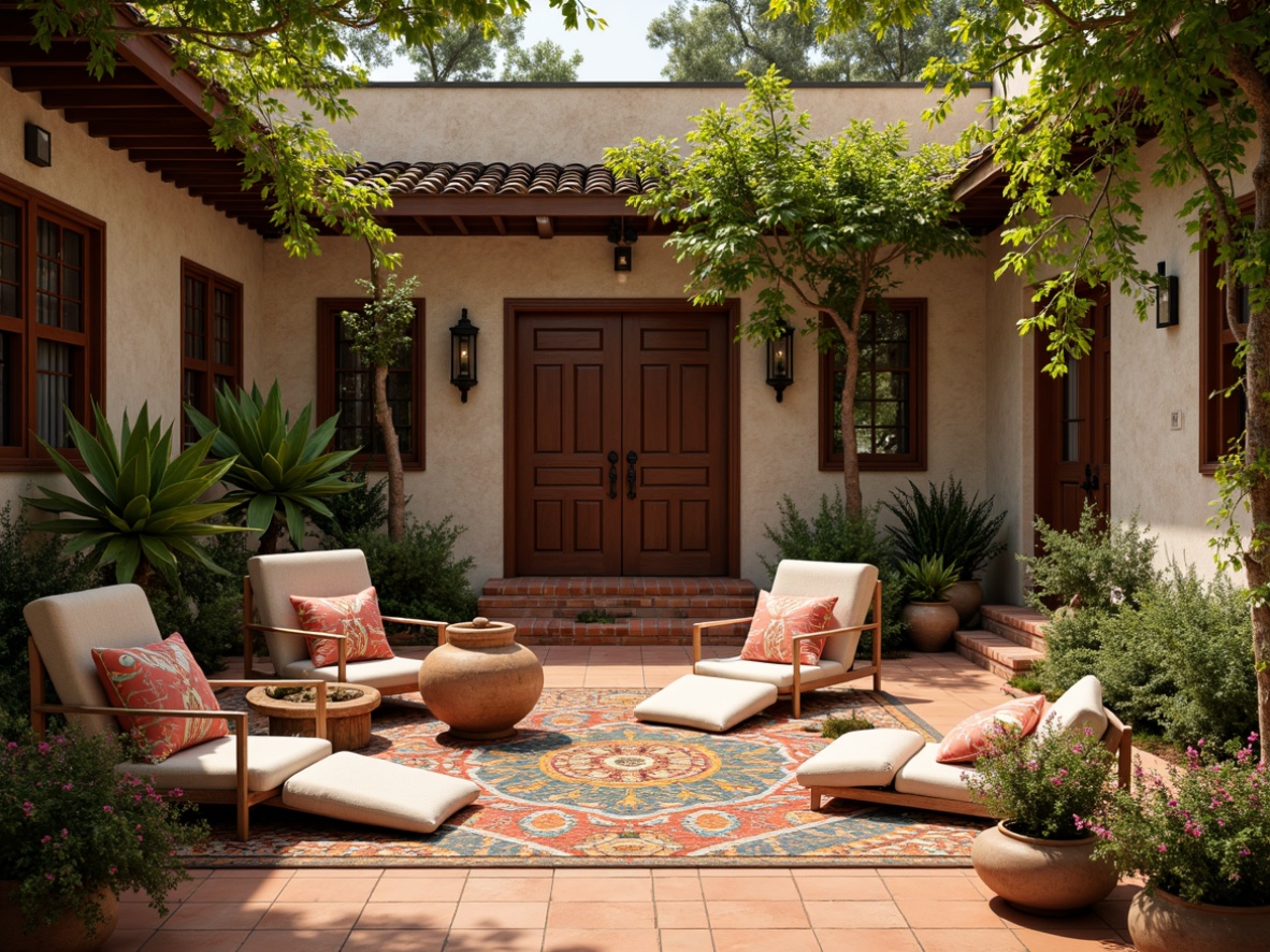 Prompt: Vibrant Mediterranean courtyard, warm terracotta flooring, ornate ceramic tiles, lush greenery, flowering vines, rustic wooden doors, distressed stone walls, decorative ironwork, colorful Moroccan-inspired textiles, plush throw pillows, intricate geometric patterns, natural linen fabrics, earthy color palette, soft warm lighting, shallow depth of field, 1/1 composition, realistic textures, ambient occlusion.