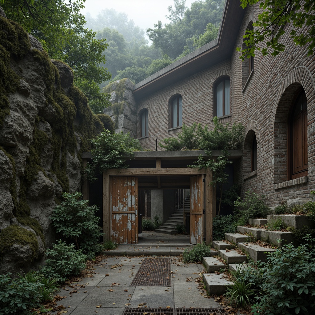 Prompt: Rugged rocky cliffs, moss-covered stone walls, weathered wooden planks, rusty metal grates, distressed concrete floors, peeling paint, faded brick facades, worn stone steps, eroded earthy banks, misty atmospheric effects, cinematic depth of field, shallow focus, realistic ambient occlusion, intricate normal mapping, detailed displacement textures.