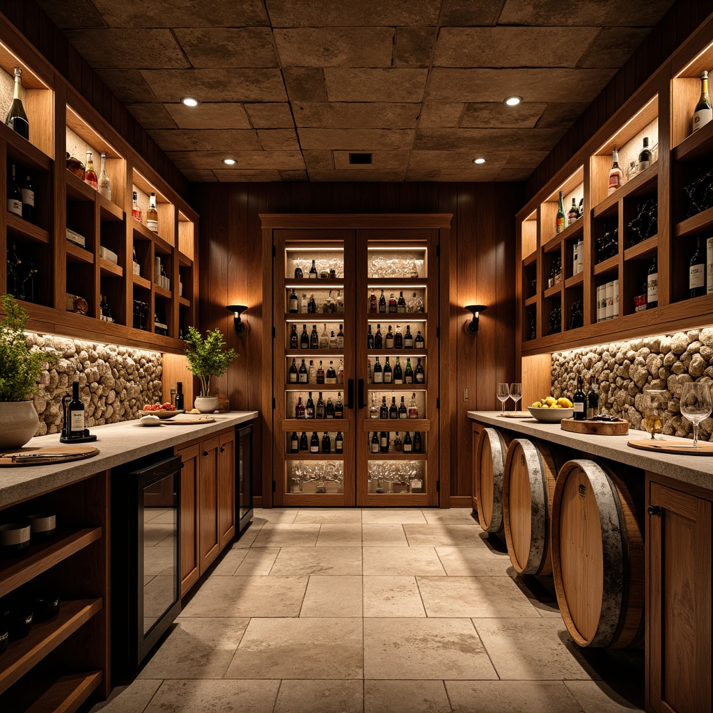 Prompt: Climate-controlled wine cellar, temperature ranges 55-58\u00b0F, humidity levels 50-60%, insulated walls, double-glazed doors, wooden racks, dimmable LED lighting, rustic stone flooring, earthy tones, vintage wine barrels, wine bottles, champagne coolers, wine glasses, corkscrews, wine-themed decorations, rich wood accents, subtle ambient lighting, shallow depth of field, 1/1 composition, realistic textures, ambient occlusion.