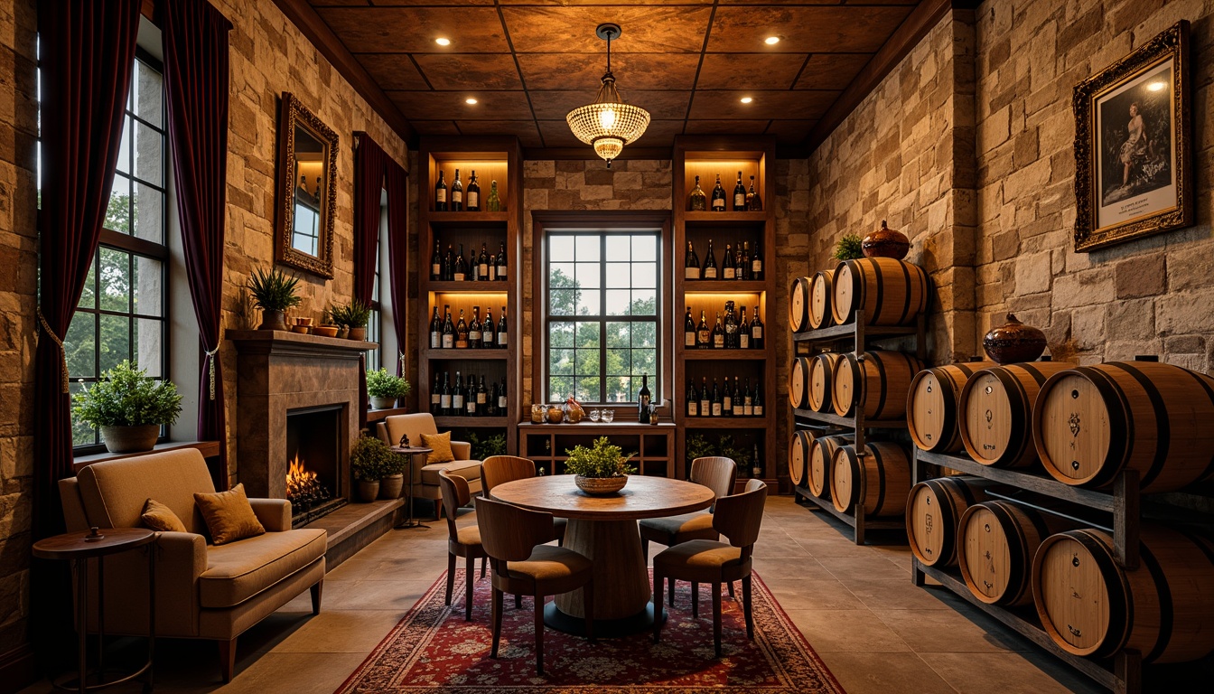 Prompt: Eclectic wine cellar, rustic stone walls, reclaimed wood shelves, wrought iron racks, vintage wine barrels, dimmable warm lighting, LED strip accents, glass pendant lamps, crystal chandeliers, soft ambient glow, dramatic spotlighting, rich wood tones, distressed metal finishes, luxurious velvet drapes, ornate mirrors, antique furniture pieces, intimate cozy atmosphere, 1/1 composition, shallow depth of field, soft focus, warm color palette.