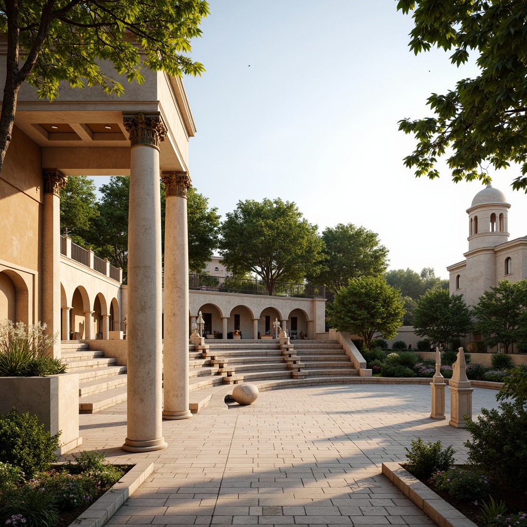 Prompt: Tranquil amphitheater, Neoclassical style, creamy marble columns, ornate bronze details, rustic stone seating, lush greenery, tiered landscaping, majestic archways, grand staircases, elegant balustrades, refined stucco walls, soft golden lighting, warm beige tones, shallow depth of field, 1/1 composition, symmetrical view, realistic textures, ambient occlusion.Let me know if you need any adjustments!