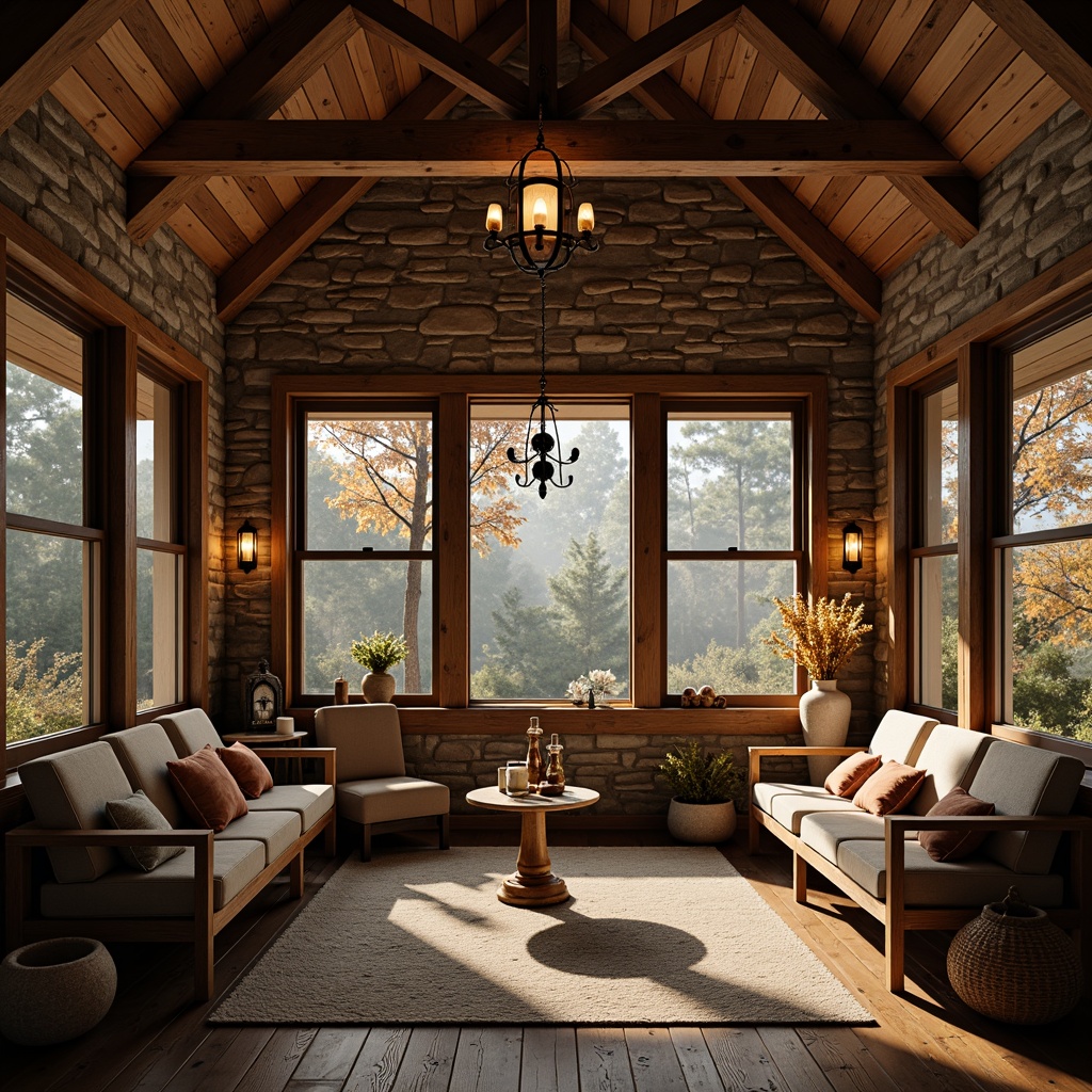 Prompt: Rustic cabin, wooden beams, stone walls, earthy tones, vintage lanterns, metal chandeliers, distressed wood accents, pendant lights, candles, warm soft glow, cozy ambiance, natural textures, wooden furniture, earthy colors, autumn leaves, forest surroundings, misty morning, warm beige lighting, shallow depth of field, 1/1 composition, realistic shadows, ambient occlusion.