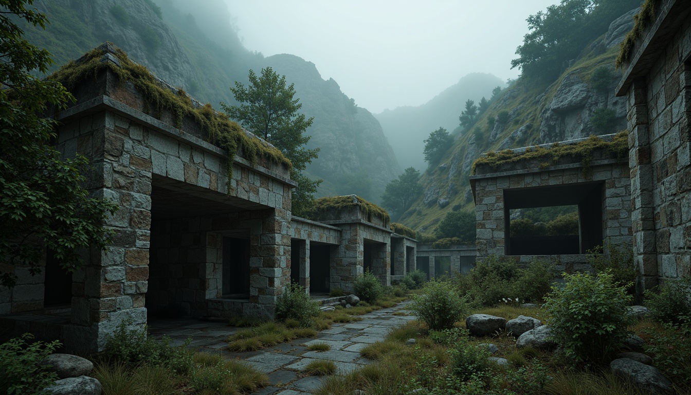 Prompt: Rough stone walls, moss-covered ruins, ancient crumbling structures, mysterious abandoned places, eerie foggy atmosphere, dim soft lighting, subtle depth cues, realistic weathered textures, intricate rock formations, rugged mountainous landscapes, misty valleys, atmospheric perspective, 1/2 composition, shallow focus, cinematic mood.