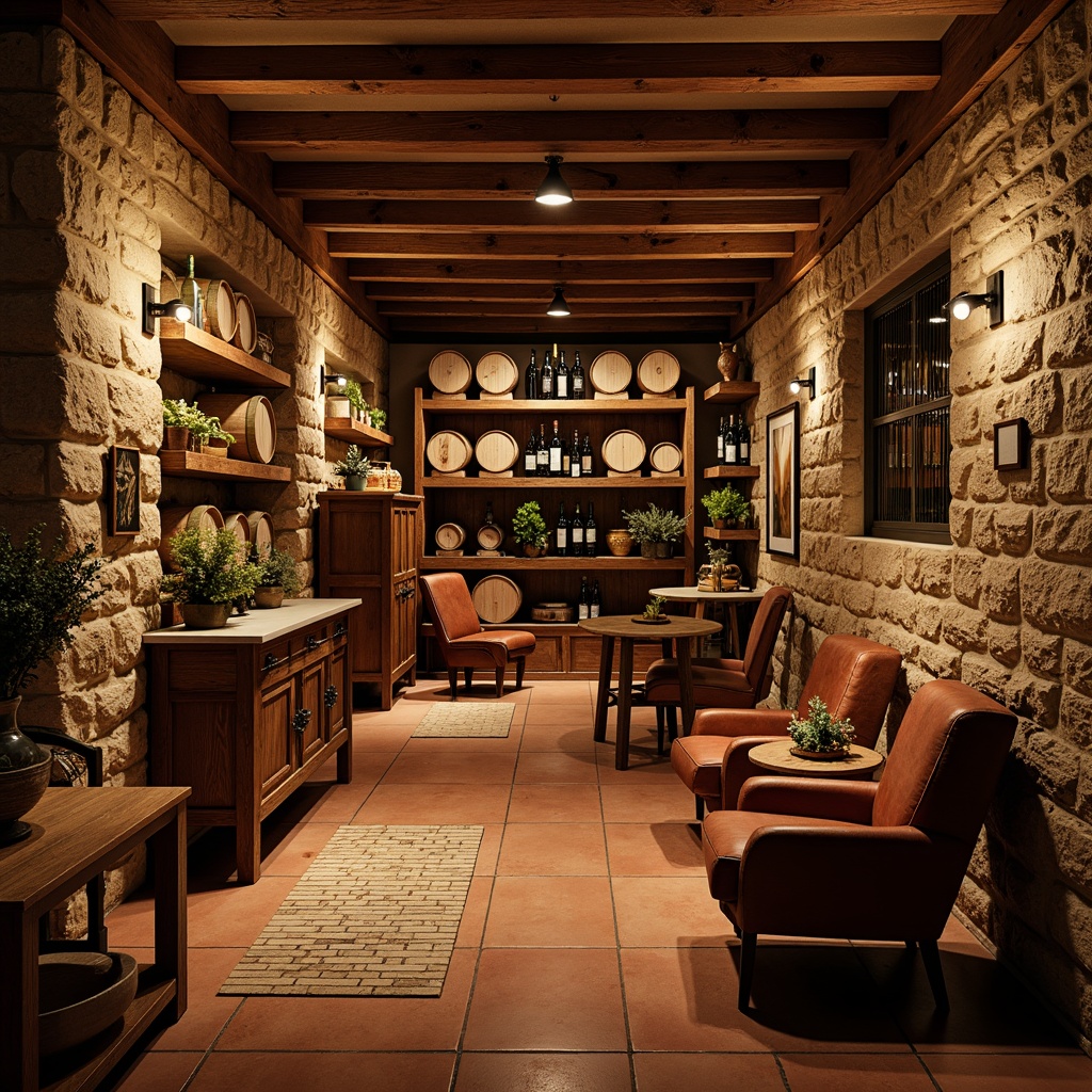 Prompt: Rustic wine cellar, eclectic decor, rich wood tones, stone walls, dim warm lighting, wooden barrels, wine racks, vintage furniture, distressed finishes, earthy color palette, terracotta flooring, reclaimed hardwood planks, ornate metalwork, decorative tiles, natural stone pavers, worn leather armchairs, soft warm ambiance, shallow depth of field, 1/1 composition, realistic textures, ambient occlusion.