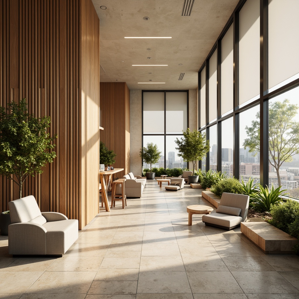 Prompt: Calming office atmosphere, neutral beige walls, warm wooden accents, soothing greenery, natural stone flooring, minimalist design, modern furniture, ergonomic chairs, collaborative workspaces, floor-to-ceiling windows, abundant natural light, soft warm lighting, shallow depth of field, 3/4 composition, panoramic view, realistic textures, ambient occlusion.