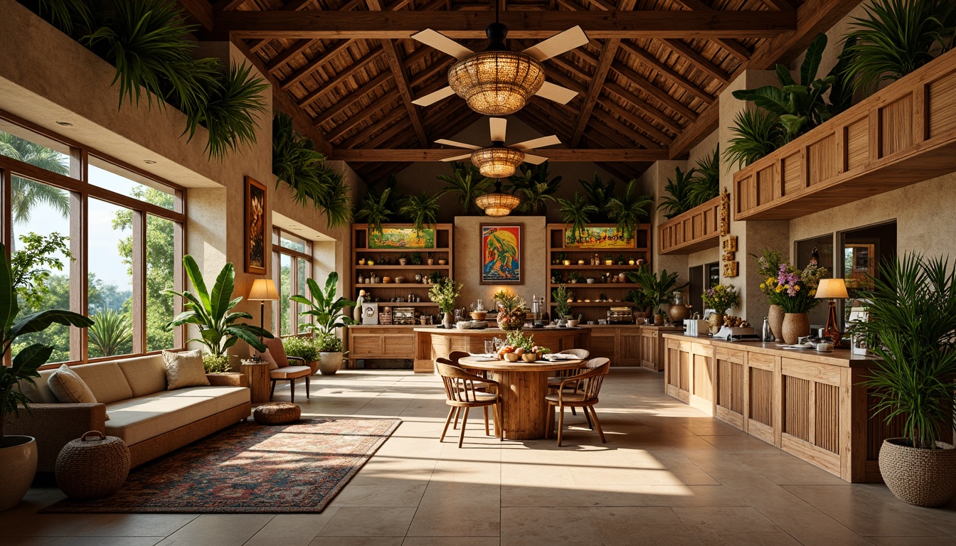 Prompt: Warm tropical ambiance, natural materials, woven rattan baskets, exotic potted plants, wooden accents, distressed finishes, earthy color palette, soft warm lighting, pendant lamps, ceiling fans, decorative lanterns, rustic wooden shelves, artisanal food displays, vibrant colorful signage, lively patterned textiles, warm beige floors, organic produce stands, fresh flower arrangements, relaxed seating areas, natural stone walls, reclaimed wood features, subtle shadows, 1/1 composition, soft focus, atmospheric lighting.