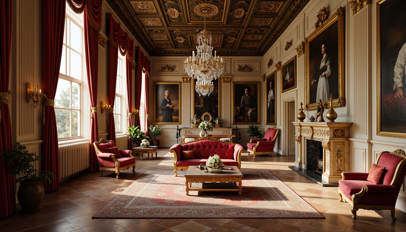 Prompt: Opulent museum interior, ornate Rococo style furniture, gilded frames, intricately carved wooden accents, velvet upholstery, golden fixtures, crystal chandeliers, lavish drapery, marble floors, stately columns, grandiose archways, soft warm lighting, shallow depth of field, 1/1 composition, realistic textures, ambient occlusion.