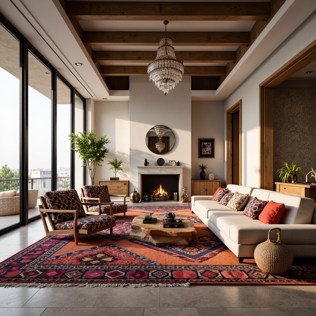 Prompt: Vibrant living room, bold geometric patterns, intricately designed rugs, hexagonal tiles, angular furniture, minimalist decor, modern architecture, large windows, natural light, soft warm glow, ambient occlusion, 3/4 composition, realistic textures, Moroccan-inspired motifs, colorful textiles, ornate mirrors, luxurious fabrics, sleek metallic accents, statement lighting fixtures.