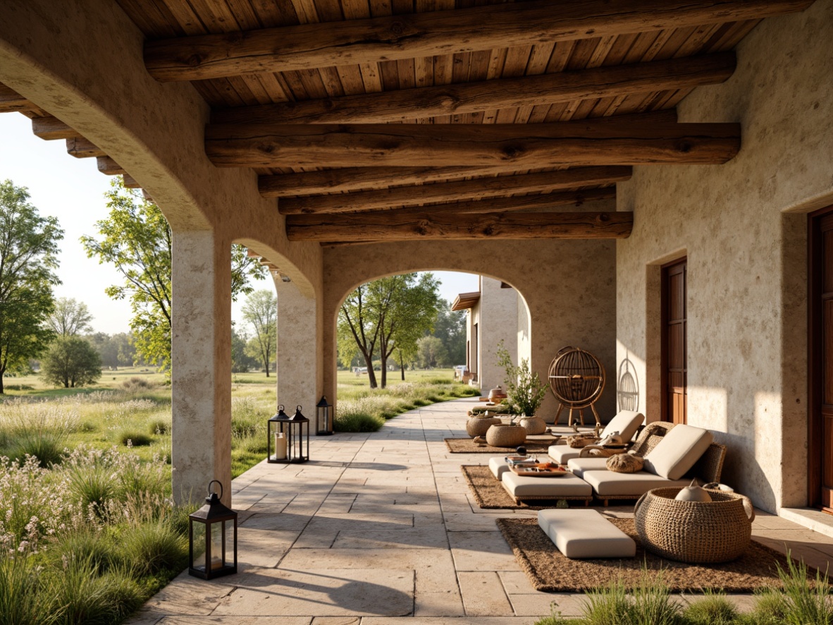 Prompt: Rustic pavilion, natural stone walls, wooden beam ceilings, earthy color palette, woven rattan furniture, vintage metal lanterns, distressed wood accents, pampas grass surroundings, wildflower meadow, sunny afternoon, soft warm lighting, shallow depth of field, 3/4 composition, panoramic view, realistic textures, ambient occlusion.