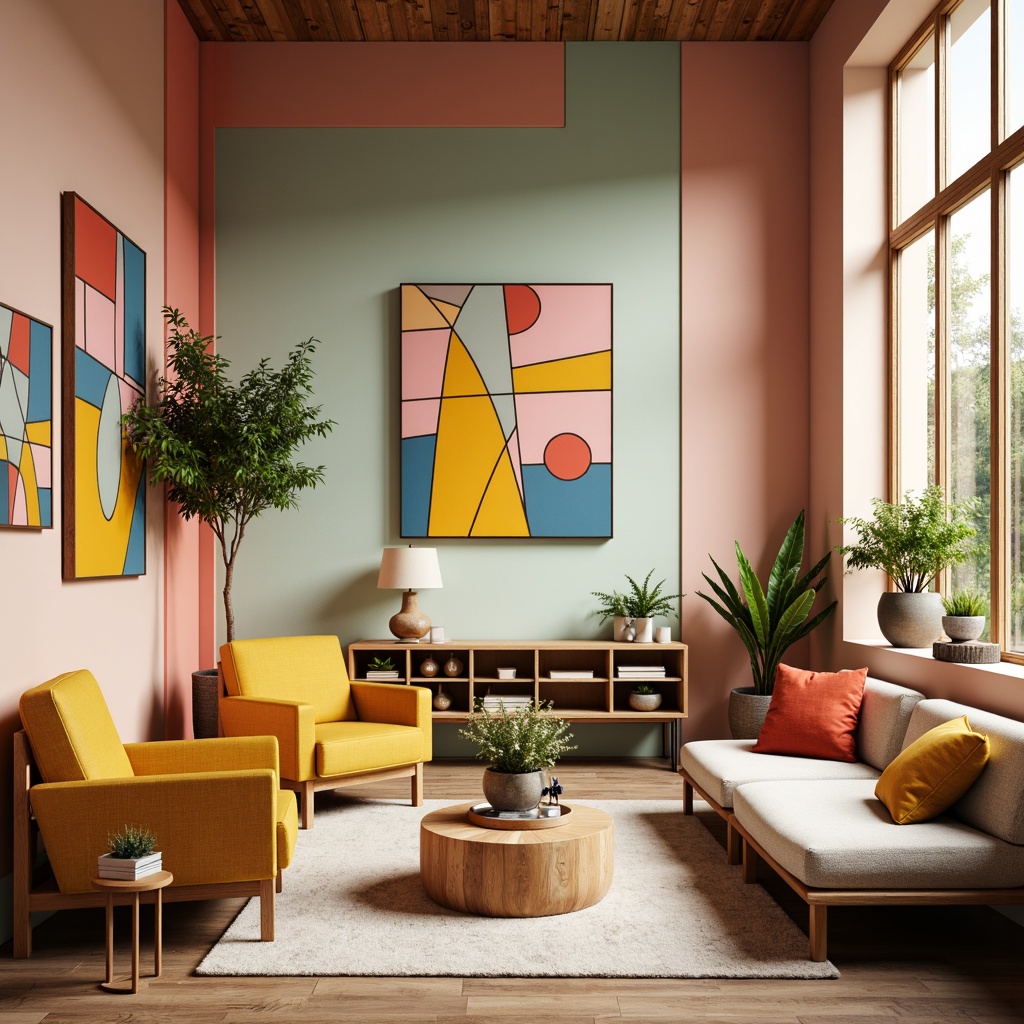 Prompt: Vibrant design studio, modern minimalist aesthetic, bold contrasting colors, pastel hues, metallic accents, matte finishes, soft natural light, cozy atmosphere, eclectic furniture pieces, abstract artwork, geometric patterns, 2/3 composition, warm golden lighting, shallow depth of field, realistic textures, ambient occlusion.