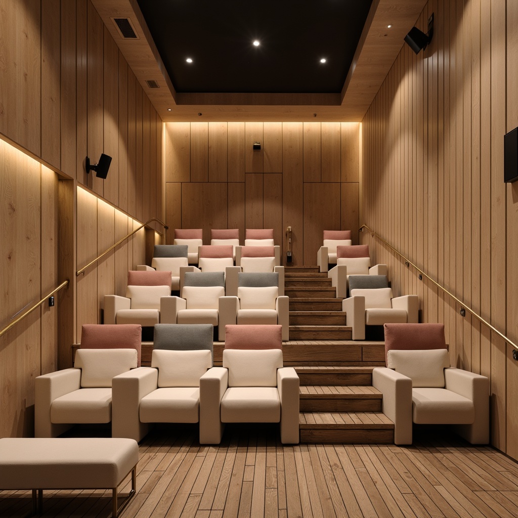 Prompt: Cozy cinema interior, Scandinavian minimalism, light wood accents, soft pastel colors, plush velvet seats, ergonomic design, staggered row seating, intimate atmosphere, warm ambient lighting, subtle Nordic patterns, natural textiles, rustic wooden floors, modern audiovisual equipment, sleek metal handrails, gentle color grading, shallow depth of field, 2/3 composition, cinematic perspective.