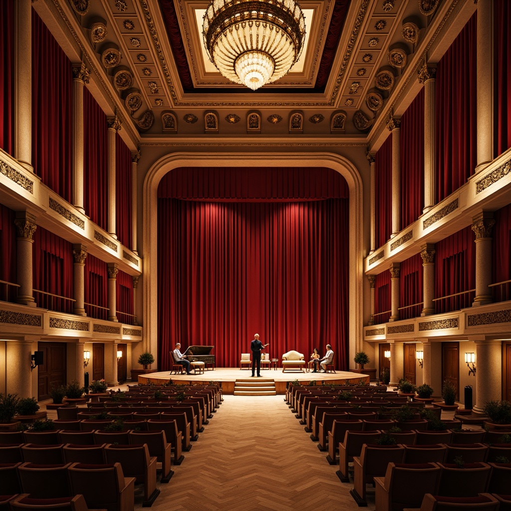 Prompt: Grand concert hall, luxurious velvet curtains, polished wooden floors, ornate chandeliers, acoustic panels, sound-absorbing materials, tiered seating, majestic high ceilings, elaborate moldings, opulent fabrics, elegant furnishings, subtle warm lighting, shallow depth of field, 1/1 composition, realistic textures, ambient occlusion.