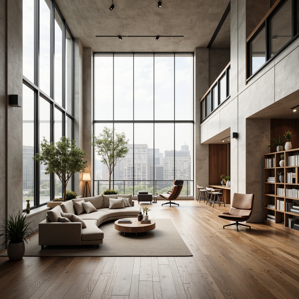 Prompt: Open-plan living space, minimalist decor, sleek wooden floors, floor-to-ceiling windows, abundant natural light, curved sofas, geometric coffee tables, ergonomic chairs, industrial-chic shelving units, metallic accents, subtle color palette, optimized traffic flow, functional zones, efficient pathways, harmonious proportions, airy atmosphere, soft warm lighting, 1/1 composition, shallow depth of field, realistic textures.