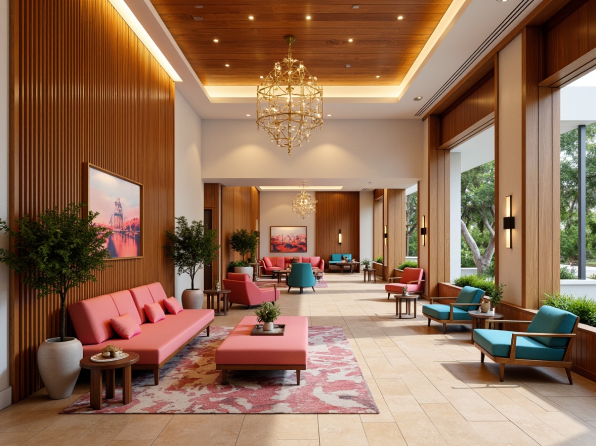 Prompt: Vibrant hotel lobby, bold geometric shapes, rich wood accents, luxurious velvet fabrics, metallic gold details, soft warm lighting, abstract artwork, eclectic furniture pieces, statement chandeliers, tropical plants, warm beige marble floors, creamy white walls, pops of coral pink, turquoise blue, and sunshine yellow, 1/1 composition, dramatic shadows, high-contrast colors, ambient occlusion.