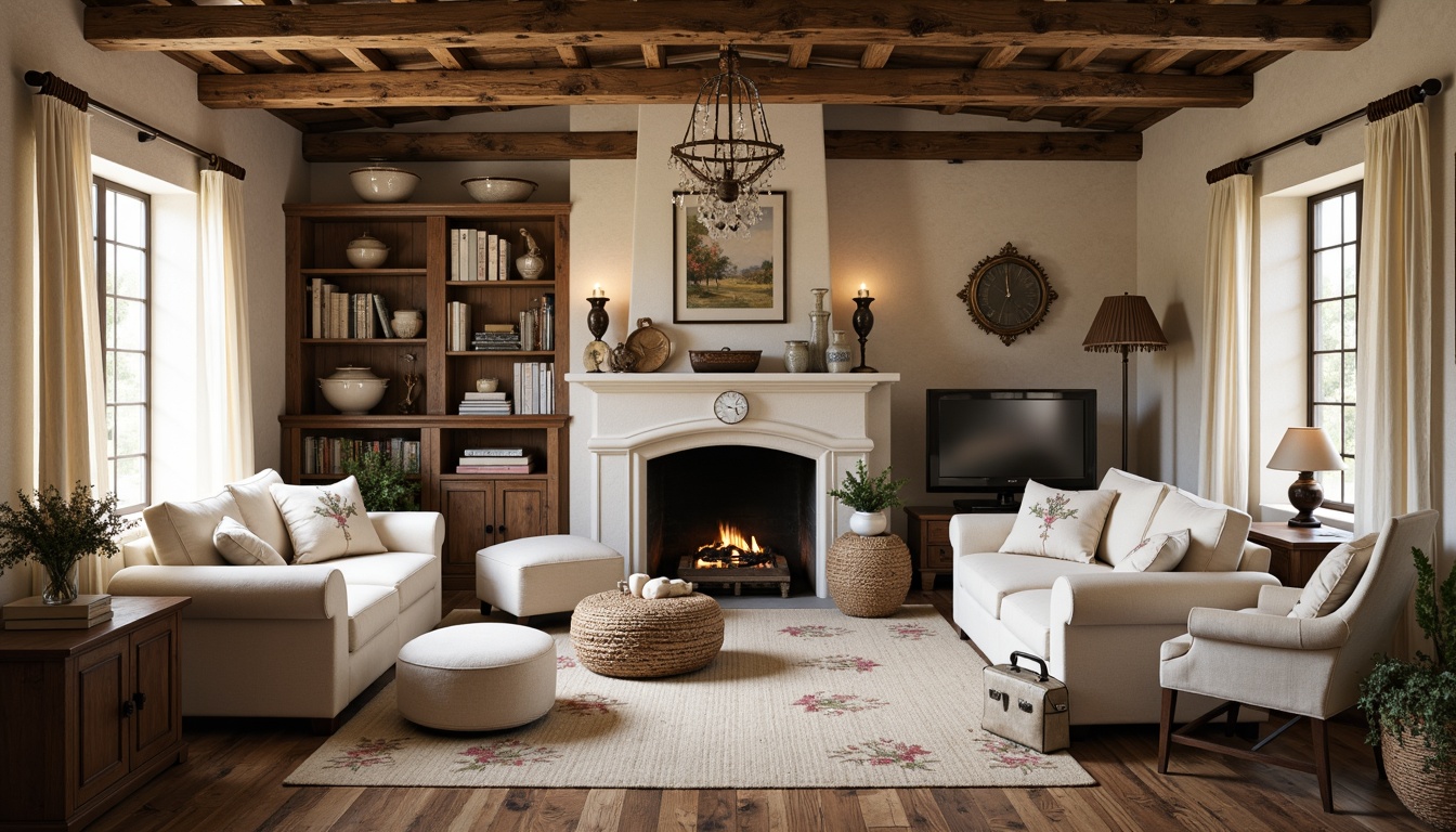 Prompt: Rustic French country interior, distressed wood furniture, soft linen fabrics, natural jute rugs, vintage embroidered textiles, toile de Jouy patterns, classic stripes, subtle florals, muted color palette, warm beige tones, creamy whites, weathered stone walls, wooden beam ceilings, ornate metalwork, candlelit ambiance, cozy reading nooks, plush velvet armchairs, antique decorative accents, elegant drapery, sheer lace curtains, natural light pouring in, soft focus, shallow depth of field.