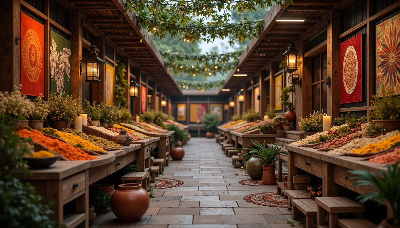 Prompt: Vibrant marketplace, ornate wooden stalls, colorful tapestries, exotic spices, fresh flowers, rustic lanterns, woven baskets, distressed wood accents, earthy terracotta pots, lush greenery, natural stone flooring, warm candlelight, shallow depth of field, 1/1 composition, soft focus, realistic textures, ambient occlusion.