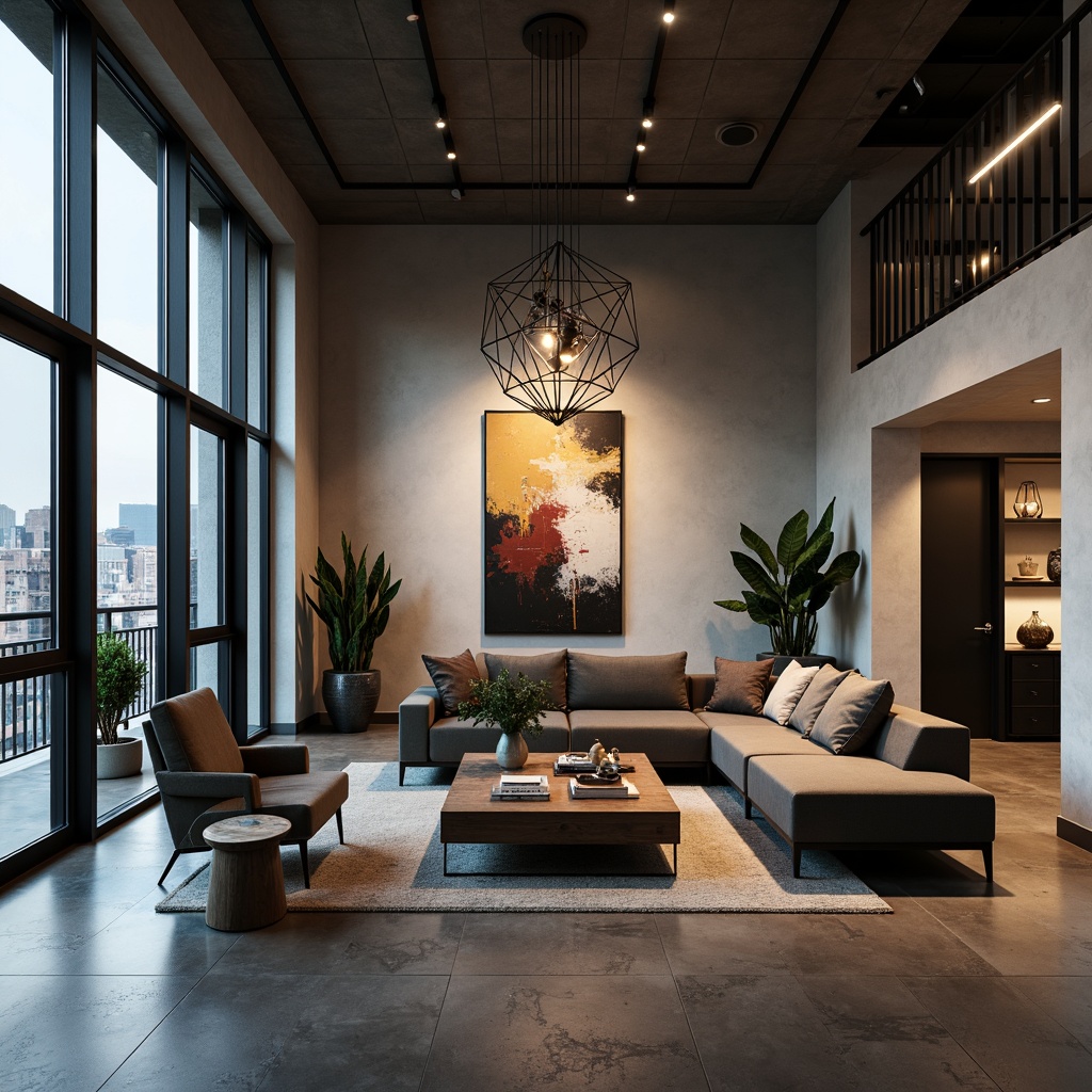 Prompt: Modern living room, sleek furniture, abstract art pieces, floor-to-ceiling windows, polished concrete floors, minimalist decor, pendant lighting fixtures, chrome accents, LED strip lights, ambient warm glow, recessed ceiling lights, geometric-shaped chandeliers, matte black finishes, industrial-chic vibe, urban loft atmosphere, softbox lighting, 1/1 composition, realistic reflections, subtle shadows.