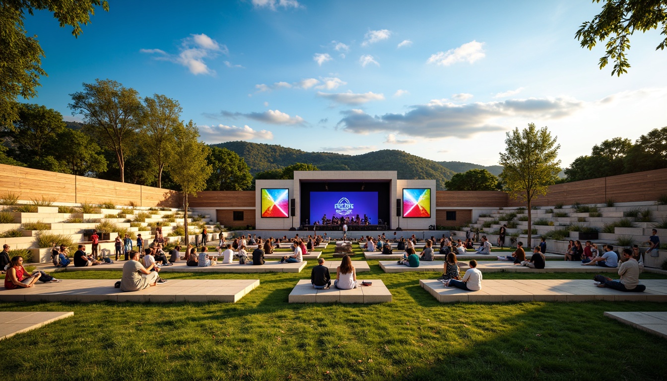 Prompt: Vibrant amphitheater, gradient blue sky, lush green grass, warm beige stone seating, rustic wooden accents, modern metallic structures, bold colorful stage lighting, dynamic sound systems, energetic crowd atmosphere, sunny afternoon, soft warm shadows, shallow depth of field, 3/4 composition, panoramic view, realistic textures, ambient occlusion.