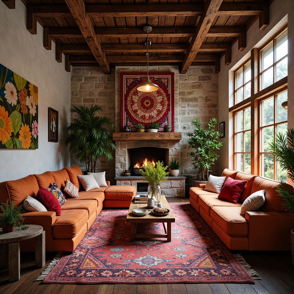 Prompt: Vibrant bohemian interior, rich velvet fabrics, distressed wooden accents, vintage Moroccan tiles, ornate metalwork, eclectic mix of patterns, bold colorful rugs, plush throw pillows, natural stone walls, reclaimed wood furniture, industrial metal beams, warm golden lighting, soft focus blur, 1/2 composition, realistic material textures, ambient occlusion.