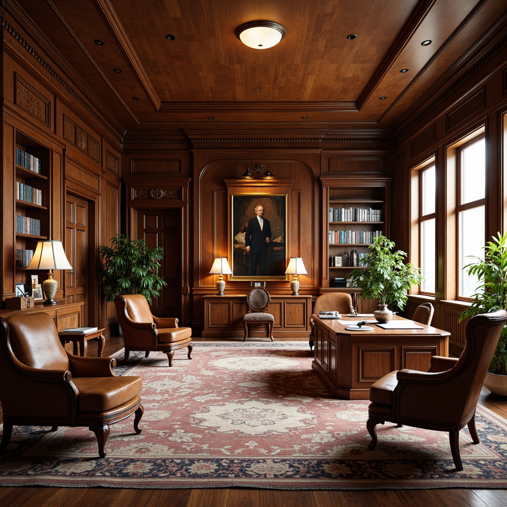 Prompt: Elegant professor's office, rich wood paneling, comfortable leather armchairs, ornate wooden desks, vintage metal lamps, luxurious carpets, floor-to-ceiling bookshelves, classic artwork, sophisticated conference tables, ergonomic chairs, stylish credenzas, modern minimalist decor, plenty of natural light, soft warm lighting, shallow depth of field, 1/2 composition, realistic textures, ambient occlusion.