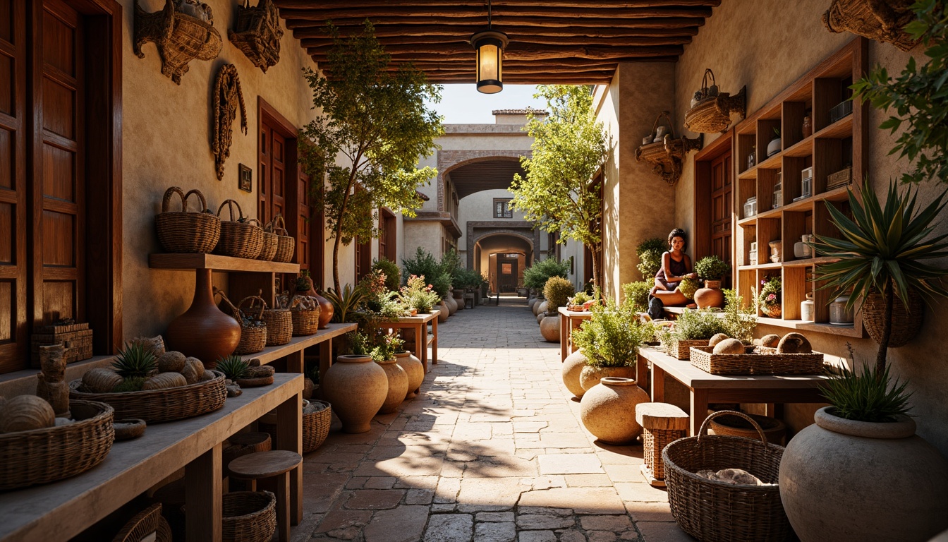 Prompt: Vibrant market scene, traditional style architecture, ornate wooden carvings, rustic stone walls, colorful ceramic tiles, woven baskets, natural fiber textiles, earthy terracotta pots, distressed wood accents, lantern-inspired lighting, warm golden lighting, shallow depth of field, 1/2 composition, realistic textures, ambient occlusion, soft focus, warm color palette.