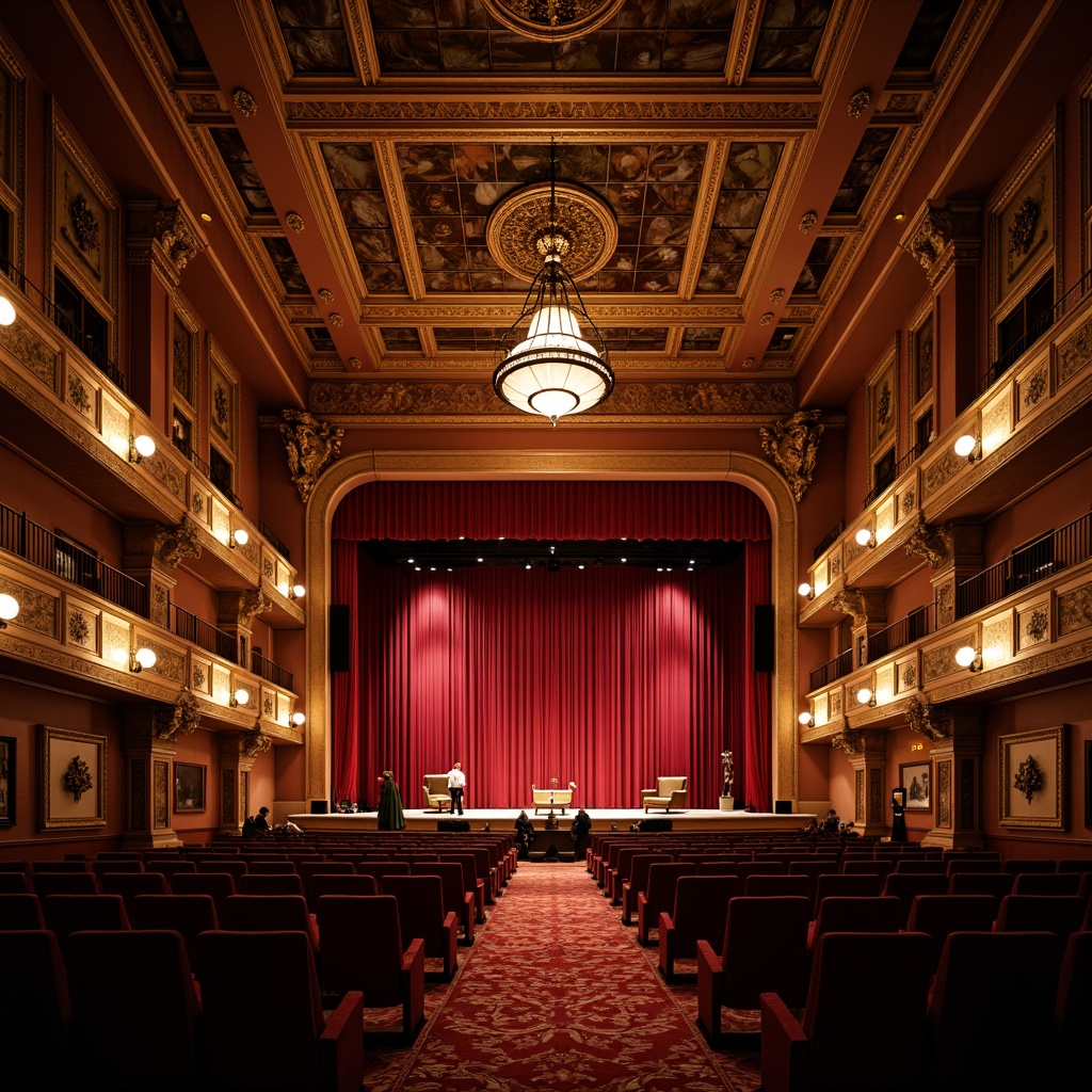 Prompt: \Elegant theater interior, grand stage, red velvet curtains, ornate chandeliers, dimmable LED lights, warm golden lighting, subtle color changing effects, high-contrast ratios, precise beam angles, adjustable focus lenses, soft washes, dramatic spotlights, atmospheric haze, dynamic lighting transitions, flexible lighting plots, energy-efficient systems, sustainable design practices, luxurious auditorium seating, rich wood accents, ornate metalwork details, opulent fabrics, intimate performance spaces, flexible stage configurations, state-of-the-art lighting control systems, advanced LED technology, high-definition projection mapping.\