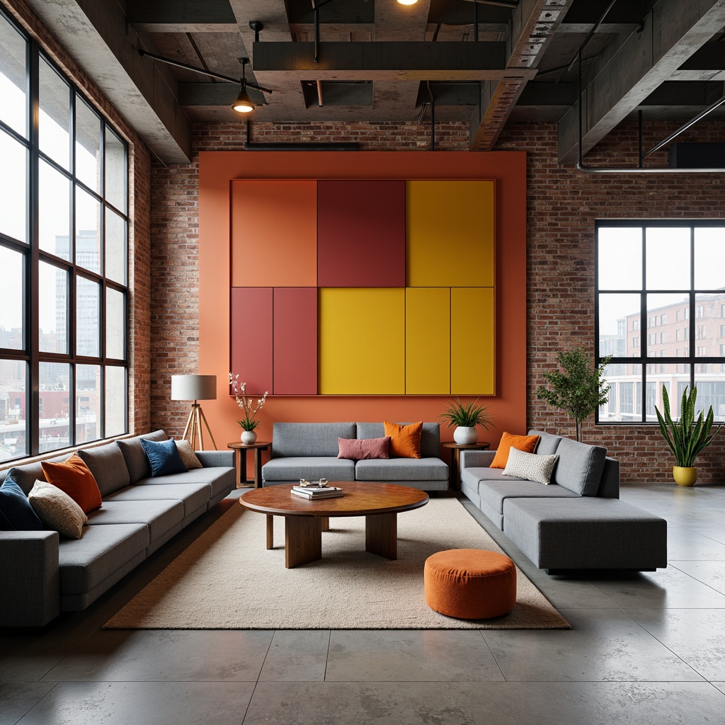 Prompt: Minimalist living room, geometric shapes, rectangular sofas, circular coffee tables, triangular shelving units, bold color blocking, industrial materials, exposed brick walls, polished concrete floors, metal accents, functional lighting fixtures, modernist art pieces, graphic patterns, primary color palette, clean lines, minimalist decor, urban atmosphere, high ceilings, large windows, natural light, soft shadows, 1/1 composition, realistic textures, ambient occlusion.