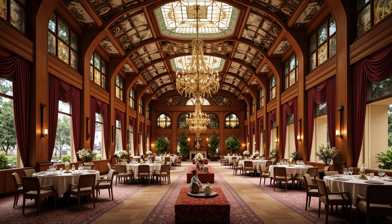 Prompt: Ornate dining hall, flowing curves, organic forms, sinuous lines, floral patterns, luxurious fabrics, rich wood tones, stained glass ceilings, grand chandeliers, intricate moldings, velvet drapes, polished marble floors, ornamental metalwork, lavish furnishings, warm golden lighting, shallow depth of field, 2/3 composition, symmetrical balance, realistic textures, ambient occlusion.