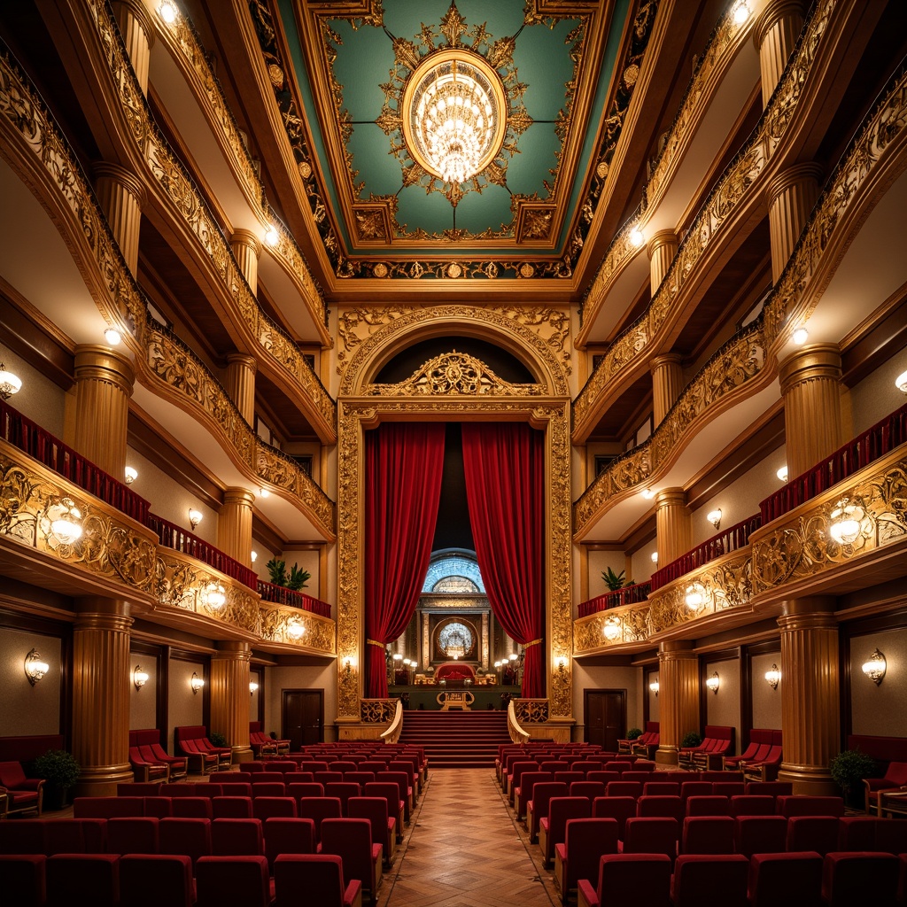 Prompt: Elegant opera house interior, rich velvet curtains, ornate golden balconies, crimson red seats, polished wooden floors, intricate Moorish arches, grand staircase, lavish chandeliers, warm soft lighting, shallow depth of field, 2/3 composition, intimate atmosphere, luxurious textures, ambient occlusion, Mediterranean-inspired patterns, vibrant turquoise accents, ornamental plasterwork, frescoed ceiling.