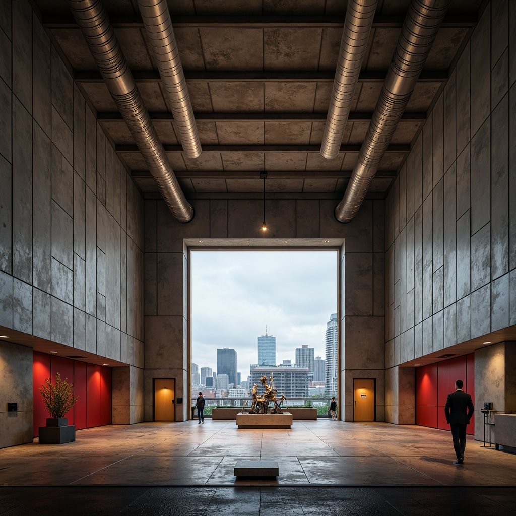 Prompt: Raw concrete walls, exposed ductwork, industrial pipes, brutalist architecture, dramatic stage lighting, steep audience seating, minimalist decor, bold color accents, geometric shapes, urban landscape views, cityscape backdrop, abstract sculptures, metallic textures, distressed finishes, poured concrete floors, industrial metal doors, functional minimalism, asymmetrical composition, high contrast lighting, cinematic atmosphere, dynamic camera angles, shallow depth of field, realistic shadows.