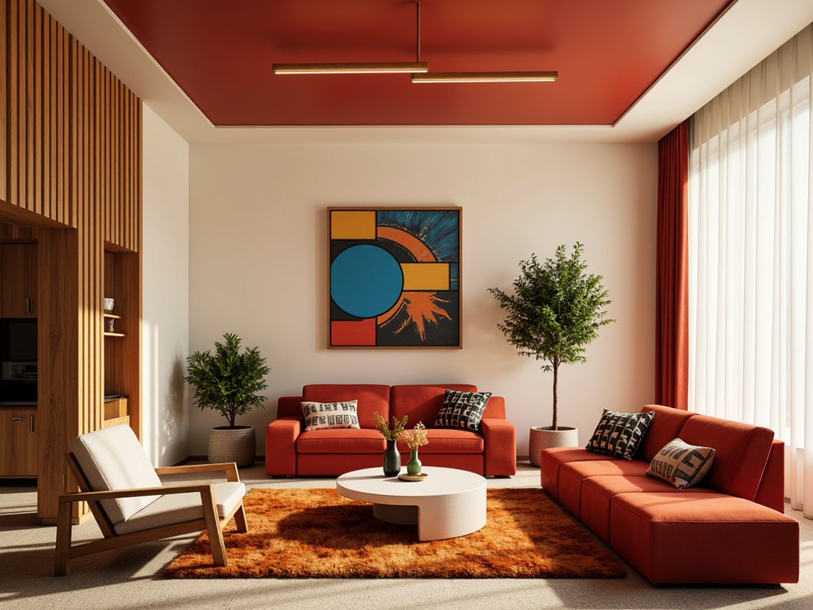 Prompt: Vibrant modern interior, bold color accents, sleek minimalist furniture, abstract artwork, statement lighting fixtures, rich wood tones, creamy white walls, plush area rugs, geometric patterned throw pillows, warm golden lighting, shallow depth of field, 1/2 composition, realistic textures, ambient occlusion.