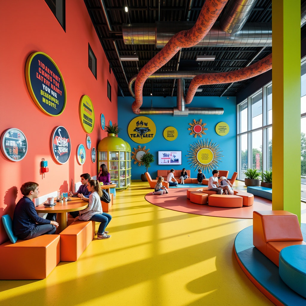 Prompt: Vibrant youth center interior, bold color scheme, energetic atmosphere, dynamic lighting, playful textures, youthful furniture, modern murals, inspirational quotes, collaborative workspaces, flexible seating areas, cozy reading nooks, futuristic technology integration, neon accents, bright coral walls, lime green columns, sunshine yellow floors, deep blue ceilings, abstract geometric patterns, 3D visual installations, warm ambient glow, shallow depth of field, 1/1 composition, realistic rendering.