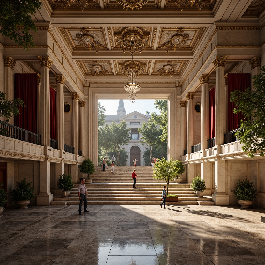 Prompt: Grand amphitheater, neoclassical architecture, travertine columns, marble flooring, ornate carvings, bronze statues, lush greenery, tiered seating, velvet drapes, golden accents, crystal chandeliers, soft warm lighting, shallow depth of field, 3/4 composition, panoramic view, realistic textures, ambient occlusion.