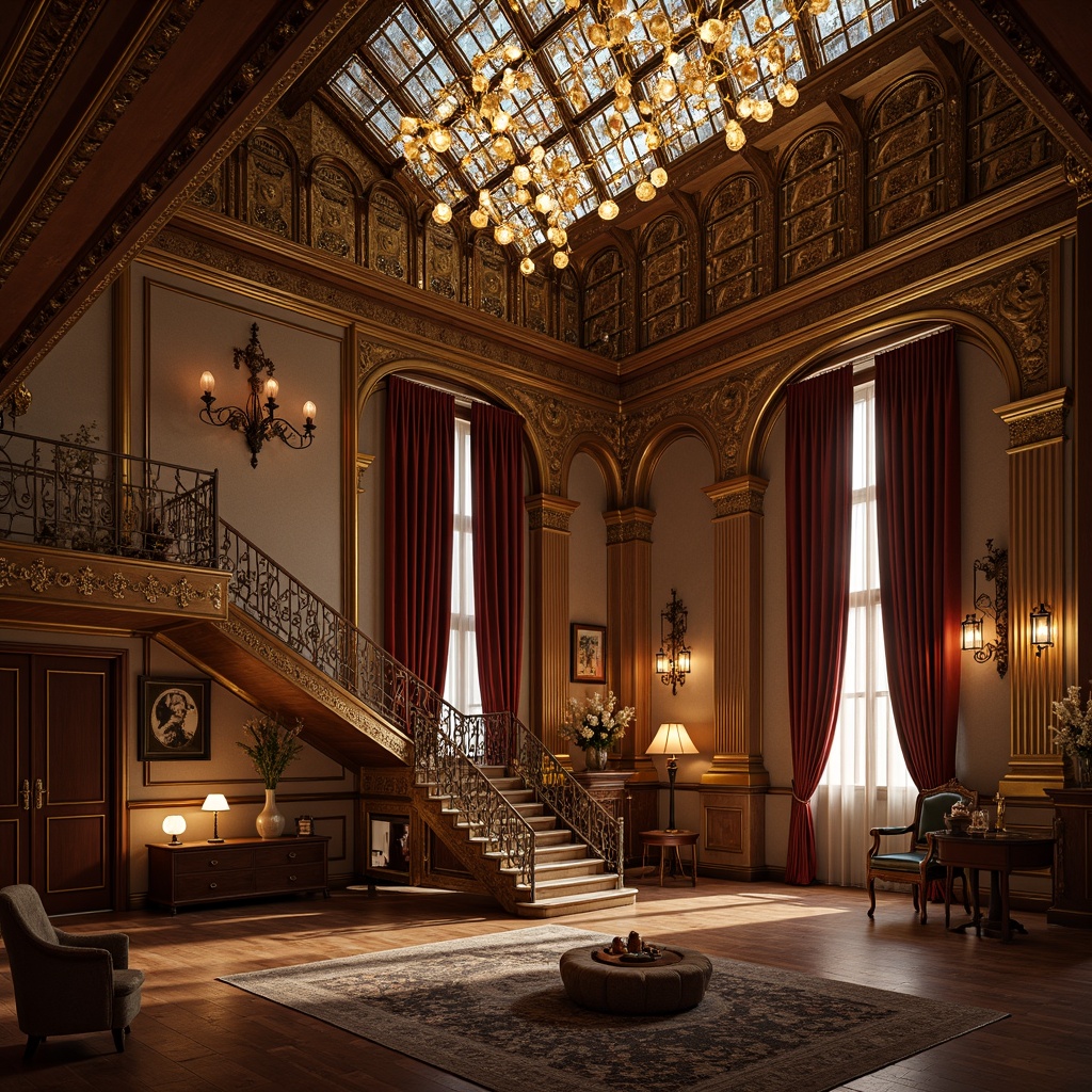 Prompt: Ornate chandeliers, flowing organic shapes, sinuous metalwork, stained glass shades, warm golden lighting, luxurious velvet drapes, rich wood paneling, carved wooden furniture, intricate moldings, high ceilings, grand staircases, lavish decorations, opulent atmosphere, soft diffused light, subtle shadows, 1/1 composition, realistic textures, ambient occlusion.