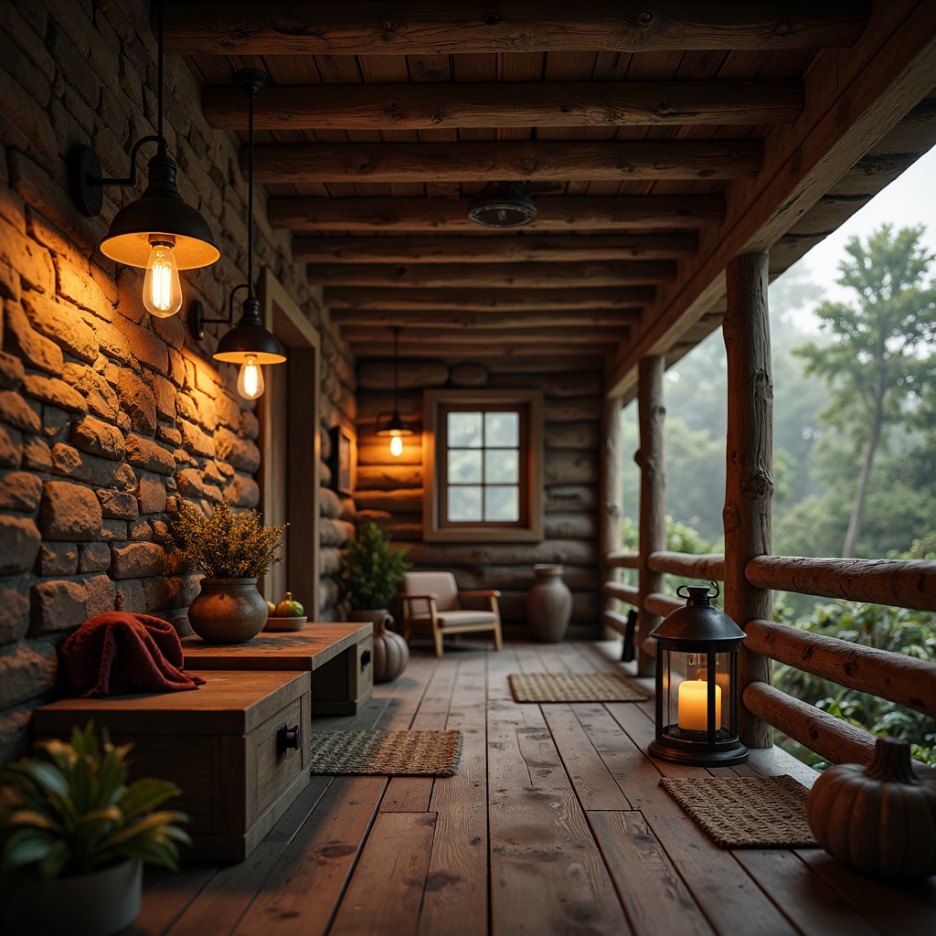 Prompt: Rustic cabin, wooden beams, stone walls, earthy tones, vintage lighting fixtures, metal lanterns, pendant lamps, distressed wood shades, Edison bulbs, warm soft glow, cozy atmosphere, natural textures, earthy scents, forest surroundings, misty morning, shallow depth of field, 1/1 composition, realistic render.