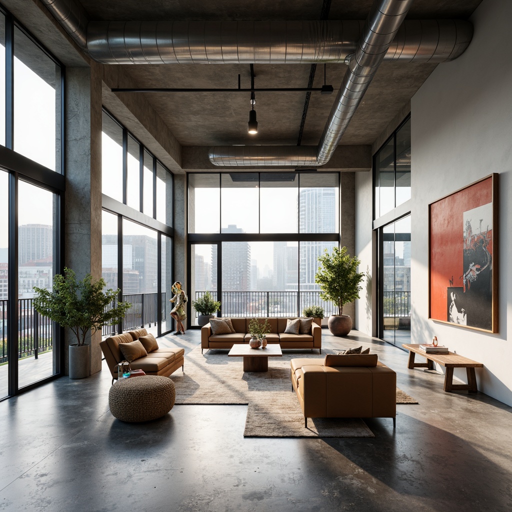 Prompt: Open-plan living space, industrial-chic atmosphere, polished concrete floors, minimalist decor, abundant natural light, floor-to-ceiling windows, sliding glass doors, functional steel beams, exposed ductwork, geometric patterns, primary color accents, sleek wooden furniture, low-profile sofas, modernist art pieces, urban loft vibe, airy feel, soft diffused lighting, 1/1 composition, wide-angle lens, realistic textures, ambient occlusion.