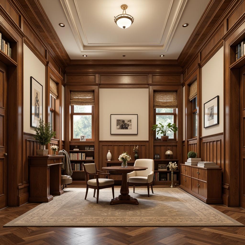 Prompt: Academic interior, rich wood paneling, elegant wainscoting, cream-colored walls, subtle texture, classic moldings, ornate ceiling details, warm beige tones, sophisticated lighting fixtures, refined furniture pieces, plush area rugs, traditional bookshelves, intellectual ambiance, soft box lighting, 1/1 composition, realistic material textures, ambient occlusion.