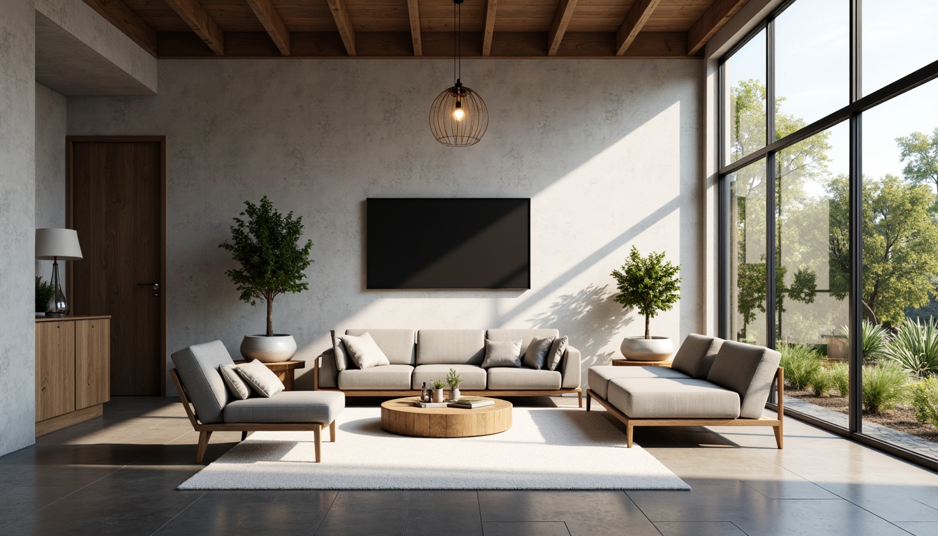 Prompt: Modern living room, minimalist decor, sleek low-profile furniture, monochromatic color scheme, subtle textures, soft warm lighting, sparse greenery, industrial-chic accents, polished concrete floors, floor-to-ceiling windows, natural light pouring in, airy atmosphere, 3/4 composition, shallow depth of field, realistic render.