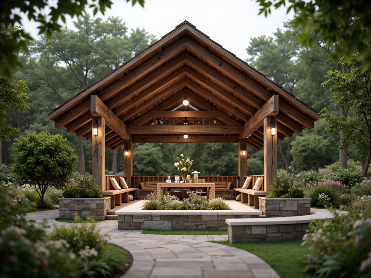 Prompt: Rustic pavilion, reclaimed wood accents, natural stone foundations, earthy color palette, organic curves, open-air layout, verdant surroundings, lush greenery, blooming flowers, meandering pathways, wooden benches, lantern-style lighting, soft warm ambiance, shallow depth of field, 3/4 composition, panoramic view, realistic textures, ambient occlusion.