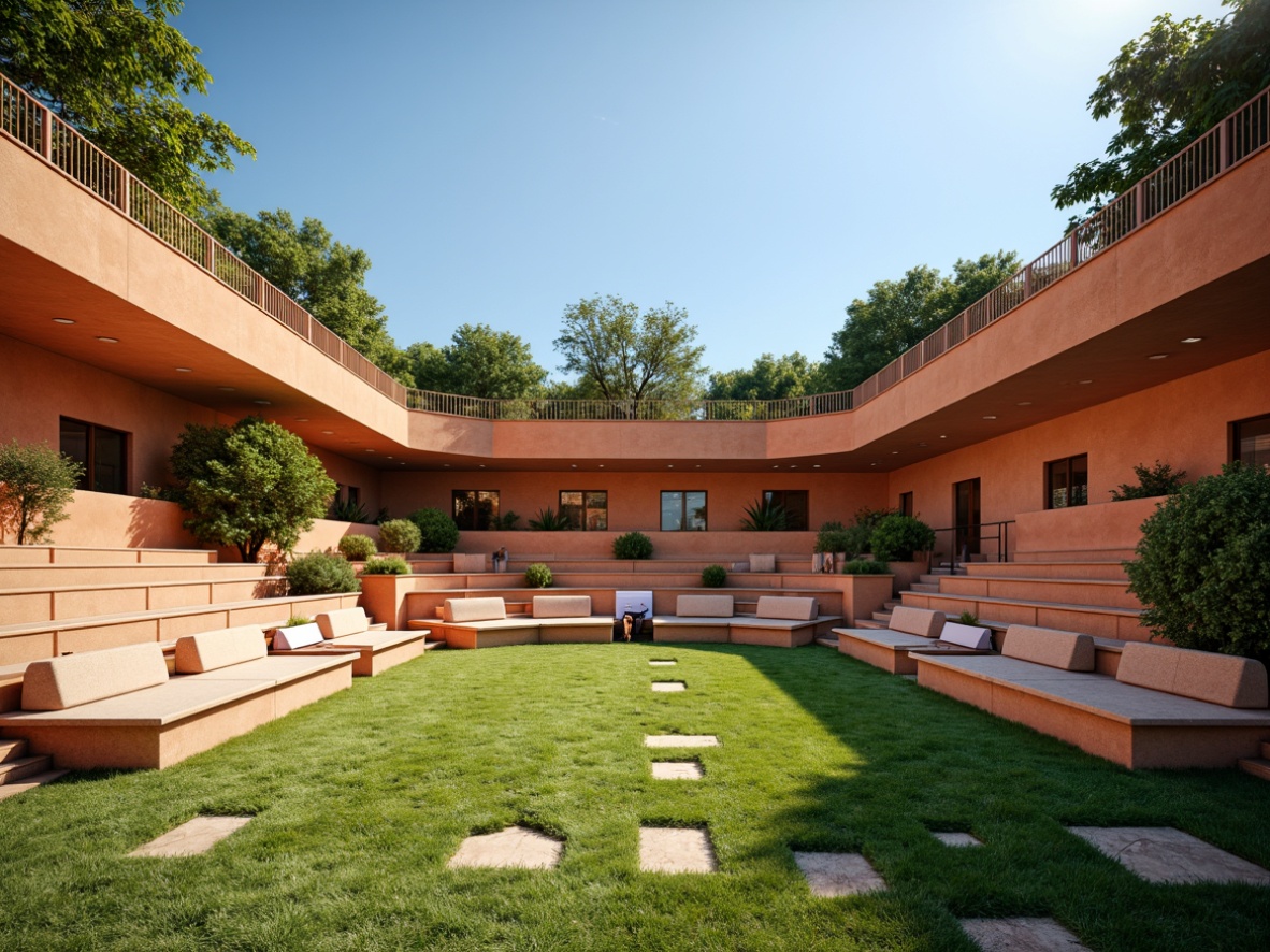 Prompt: Vibrant outdoor amphitheater, natural stone seating, lush green grass, warm sandy tones, earthy terracotta walls, celestial blue sky, sunny day, soft warm lighting, dramatic spotlights, comfortable wooden benches, decorative metal railings, elegant curves, modern architecture, subtle texture details, shallow depth of field, 3/4 composition, panoramic view.