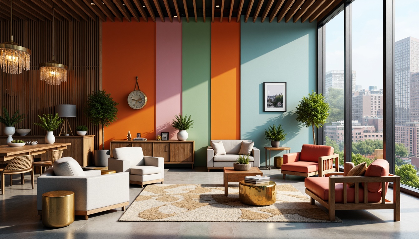 Prompt: Vibrant modern interior, bold accent walls, rich wood furniture, metallic gold decor, soft pastel hues, natural stone flooring, elegant chandeliers, floor-to-ceiling windows, urban cityscape views, dramatic shadows, high-contrast lighting, 1/1 composition, realistic reflections, ambient occlusion.