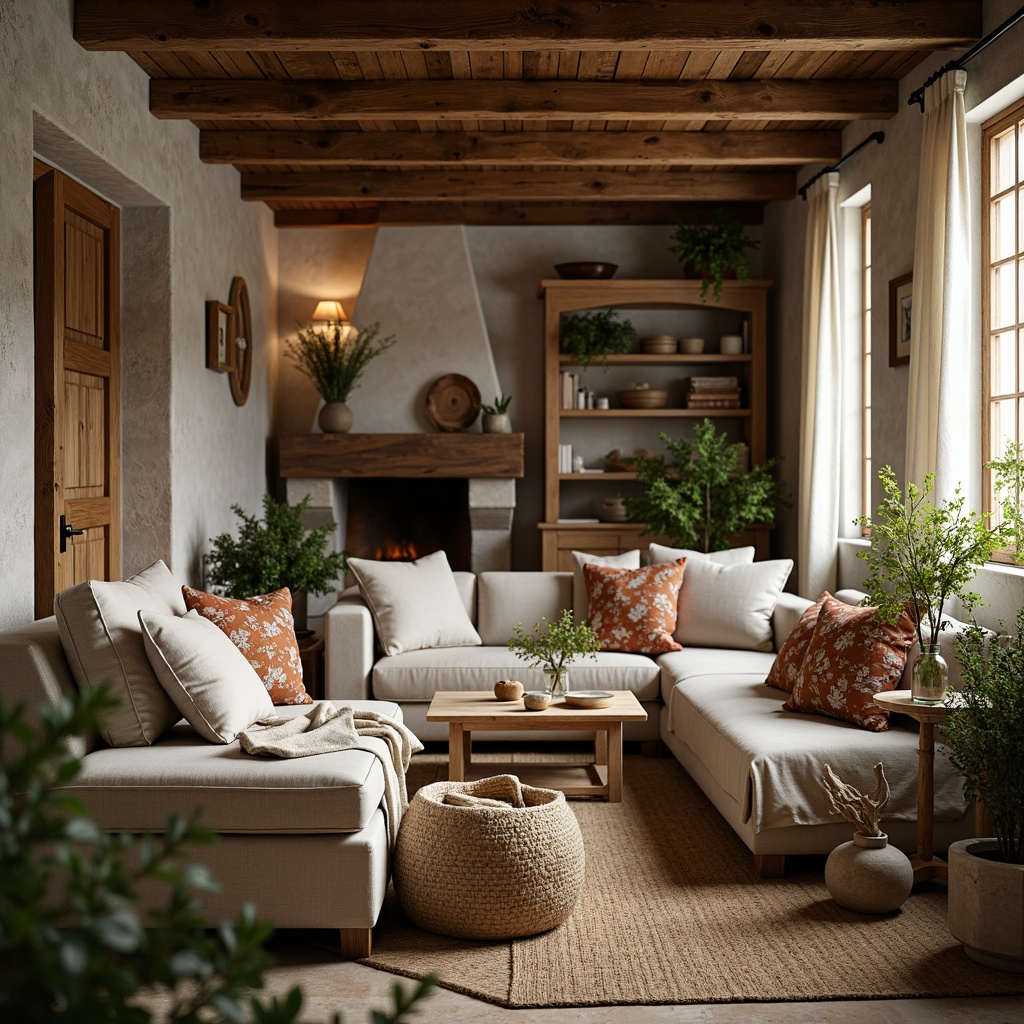 Prompt: Rustic French country cottage, distressed wood accents, soft linen fabrics, vintage floral patterns, natural jute fibers, earthy terracotta hues, creamy whites, weathered stone walls, lush greenery, warm candlelight, shallow depth of field, 1/1 composition, realistic textures, ambient occlusion.