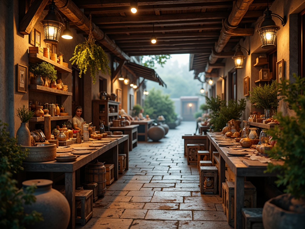 Prompt: Rustic marketplace, warm earthy tones, rich wood accents, vintage metal lanterns, distressed stonework, ornate wooden crates, faded brick walls, soft warm lighting, atmospheric fog effect, shallow depth of field, 2/3 composition, realistic textures, ambient occlusion, earthy reds, mossy greens, weathered blues, golden yellows, creamy whites.