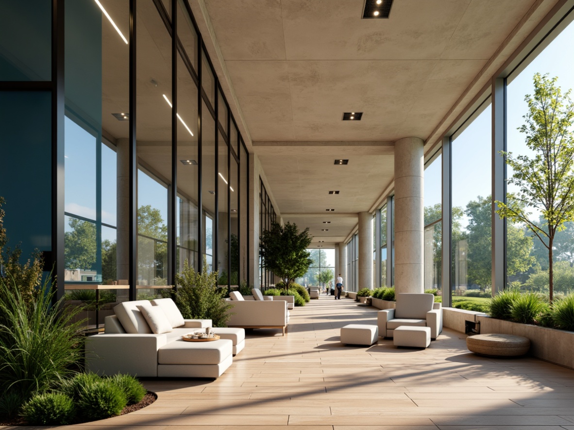 Prompt: Modern office building, sleek glass fa\u00e7ade, neutral beige walls, calming blue accents, earthy brown wooden floors, vibrant greenery, natural stone columns, minimalist decor, soft warm lighting, shallow depth of field, 1/1 composition, realistic textures, ambient occlusion.