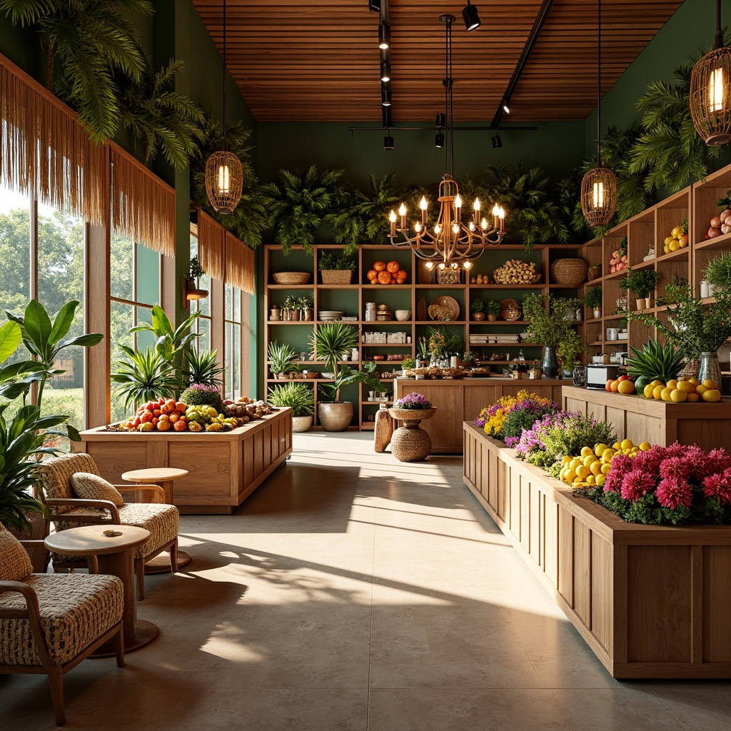 Prompt: Vibrant tropical grocery store interior, warm wooden accents, natural rattan furniture, lush greenery walls, exotic flower arrangements, bright colorful produce displays, soft warm lighting, subtle shadows, high ceilings, elegant chandeliers, pendant lamps, warm beige floors, rustic wooden crates, woven basket shelves, earthy tone color palette, airy open spaces, floor-to-ceiling windows, abundant natural light, gentle spotlighting, 1/1 composition, realistic textures, ambient occlusion.