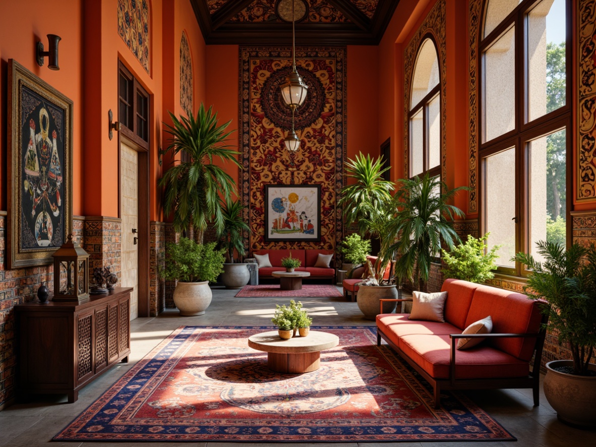 Prompt: Vibrant cultural center, eclectic architectural style, richly patterned rugs, Moroccan-inspired tiles, bold colorful walls, intricately carved wooden accents, plush velvet furniture, ornate metal lanterns, lush greenery, natural stone flooring, abstract artwork, diverse cultural symbols, warm atmospheric lighting, 3/4 composition, shallow depth of field, realistic textures, ambient occlusion.